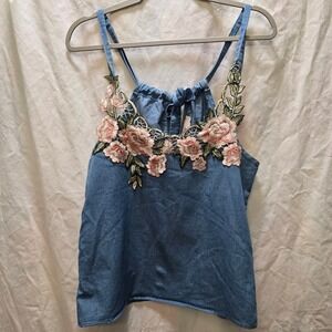 Y2K‎ A'GACI Chambray Floral Applique Cami Tank Top Women's Size Small Blue